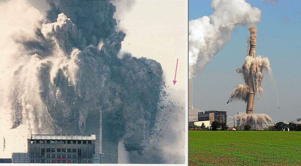 September 11 World Trade Center demolition compared with smokestack demolition.